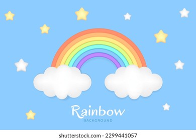 Colorful 3D Rainbow Arch with clouds Vector Illustration with Polymer Clay Effect. Cute Design Element Stars in Sky for Decorative Concept. Use as Sign, Icon, Graphic for Happy and Creative Designs