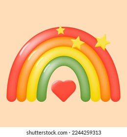 Colorful 3d rainbow with stars and a heart. Cartoon rainbow for childish decor. Vector illustration.