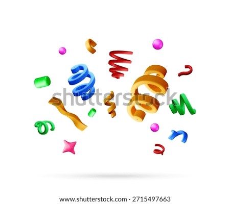 Colorful 3d realistic rendering of confetti and streamers falling down on white background. Festive celebration and party decoration element. Vector illustration