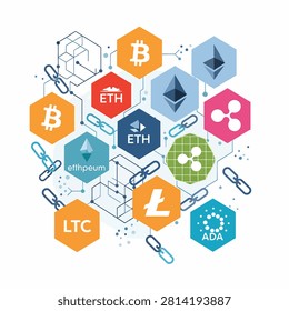 Colorful 3D render of various cryptocurrency coins floating on a white background
