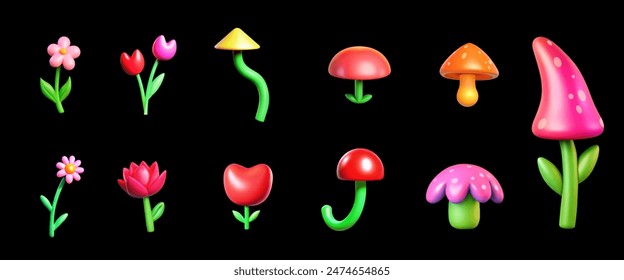 Colorful 3D rendered vector illustration collection flowers and mushrooms, abstract flowers, chamomile, toadstool isolated on black background