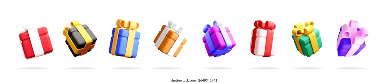 Representación 3D colorida de un conjunto de cajas de regalo con cintas. Presente para cumpleaños, vacaciones, venta o celebración.