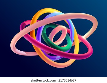 Coloridos anillos 3D sobre fondo oscuro. Ilustración geométrica abstracta.