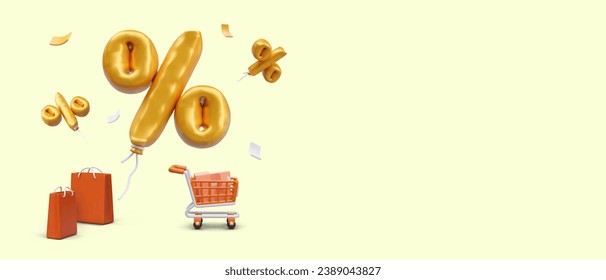 Colorful 3D sale concept. Shopping cart, paper bags, huge holiday discount balloons. Time to shop. Creative announcement about promotion. Horizontal template on yellow background