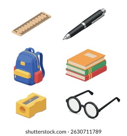 Colorful 3D school icon set with ruler, pen, backpack, books, sharpener, and round glasses on a white background.