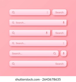Colorful 3d search bar templates. Internet browser engine with search box, address bar and text field. UI design, website interface element with web icons and push button. Vector illustration