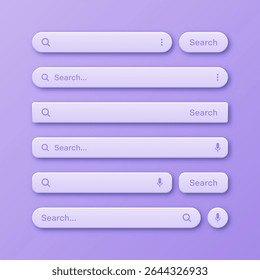 Colorful 3d search bar templates. Internet browser engine with search box, address bar and text field. UI design, website interface element with web icons and push button. Vector illustration