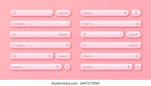 Colorful 3d search bar templates. Internet browser engine with search box, address bar and text field. UI design, website interface element with web icons and push button. Vector illustration