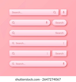 Templates de barre de recherche 3d colorées. Moteur de navigateur Internet avec zone de recherche, barre d'adresse et champ de texte. Conception de l'interface utilisateur, élément d'interface de site web avec des icônes Web et bouton push. Illustration vectorielle