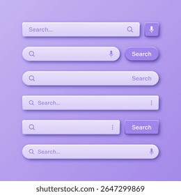 Templates de barre de recherche 3d colorées. Moteur de navigateur Internet avec zone de recherche, barre d'adresse et champ de texte. Conception de l'interface utilisateur, élément d'interface de site web avec des icônes Web et bouton push. Illustration vectorielle