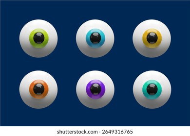 Conjunto colorido em 3D de globos oculares de desenho animado com diferentes cores da íris. Cada ilustração do globo ocular para gráficos de Halloween, materiais infantis, visão de conteúdo educacional e anatomia ocular, ou visuais com tema médico