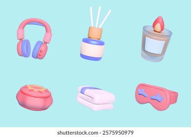 A colorful 3D set of self-care icons including headphones, reed diffuser, candle, yoga pillow, folded towels, and sleep mask on a blue background.