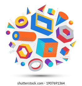 Colorful 3D shapes vector composition isolated on white background, bright positive dimensional design elements, boxes and cylinders and other shapes simple stylish illustration.