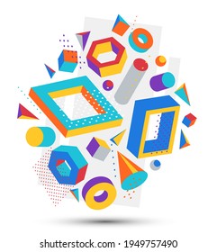 Colorful 3D shapes vector composition isolated on white background, bright positive dimensional design elements, boxes and cylinders and other shapes simple stylish illustration.
