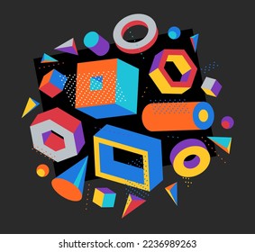 Colorful 3D shapes vector composition on dark background, bright positive dimensional design elements, boxes and cylinders and other shapes simple stylish illustration.
