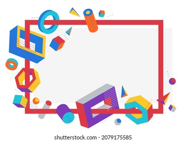 Colorful 3D shapes vector frame isolated on white background, bright positive dimensional design elements, boxes and cylinders and other shapes simple stylish border.
