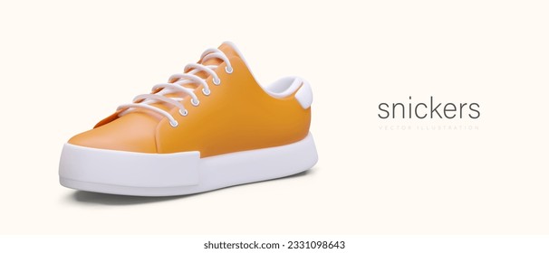 Coloridos zapatos 3d se burlan. Afiche publicitario con lugar para texto con zapatillas deportivas para la venta de zapatos deportivos. Diseño vectorial en estilo de dibujos animados en color amarillo