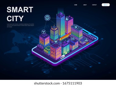 Colorful 3d Smart City with skyscrapers and connectivity icons on a digital device over a world map for global internet control, isometric vector illustration