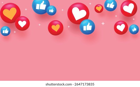 Colorful 3D social media reaction icons like thumbs up and heart symbols floating on pink background. Great for banners, likes, love, marketing, and engagement concepts.