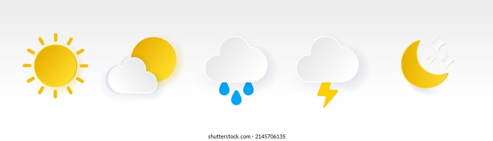 Colorful 3d soft ui weather icons set fill style, Weather icons isolated on white background. Clouds logo and sign, vector illustration. Moon icon and symbol. 
