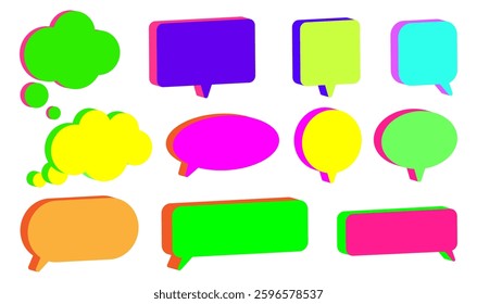 Colorful 3D speech and thought bubbles in a neon pop art style set. Various shapes and sizes, perfect for comics, chat designs, social media graphics, stickers, posters, digital illustrations. Vector