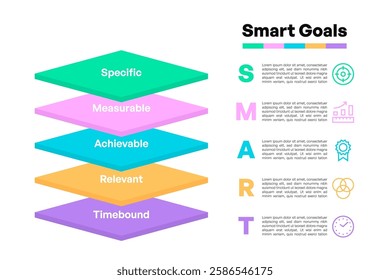 Colorful 3D Square Layers SMART Goals Infographic with Sequential Vector Illustration