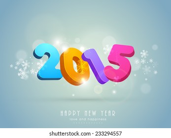 Colorido texto 3D 2015 sobre el brillante fondo decorado con copos de nieve para las celebraciones de Feliz Año Nuevo.
