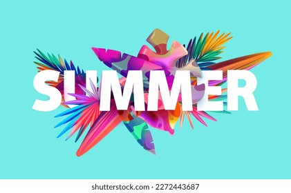 Colorful 3D tropical leaves. Realistic vector plant and summer foliage. Abstract summer poster design.