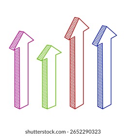 Colorful 3D Upward Arrows Vector Illustration. A dynamic arrangement of four 3D arrows pointing upward, each outlined with vibrant colors - magenta, green, red and blue.