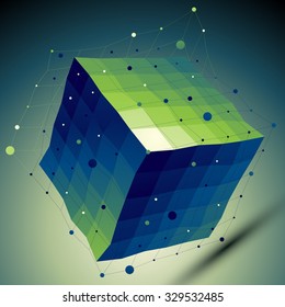 Colorful 3D vector abstract design template, squared complicated figure with lines mesh placed over shaded dark background.