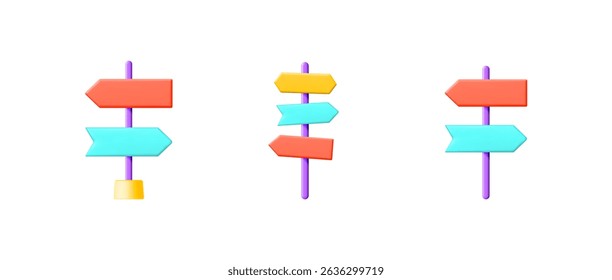 Colorful 3d vector blank road sign set isolated on a white background. Decision making concept. Opportunity and direction choice template.