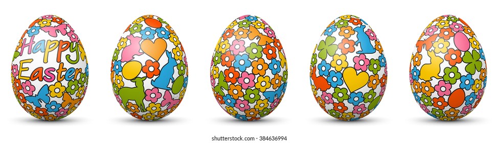 Colorful 3D Vector - Happy Easter - Eggs Banner Set. Cartoon Style Pattern. White Eggs with Fresh Colorful Comic Texture Standing Horizontally in Row. Greeting Card Template Icons - Panorama.