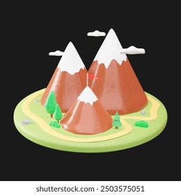 Colorful 3D vector illustration of a mountain with snow caps and trees with a winding path on a green round platform