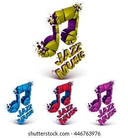 Colorful 3d vector musical notes collection broken into pieces, explosion effect. Set of dimensional art melody symbols, jazz music theme.