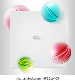 Colorful 3d vector paper cutout balls. Sheet of white paper. Abstract background, template, card, mockup