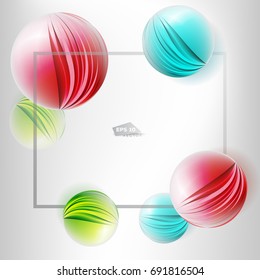 Colorful 3d vector paper cutout balls in frame. Abstract background, template, card, mockup