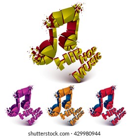 Colorful 3d vector shattered musical notes collection with specks and refractions. Hip hop music theme dimensional facet design music demolished symbols set. 