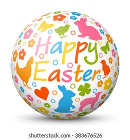 Colorful 3D Vector Sphere - Happy Easter Text with Springtime Pattern. Mapped Holiday Season and Spring Symbol Texture. Decorated White Ball on White Background. Red, Green, Blue, Pink, Orange Colored