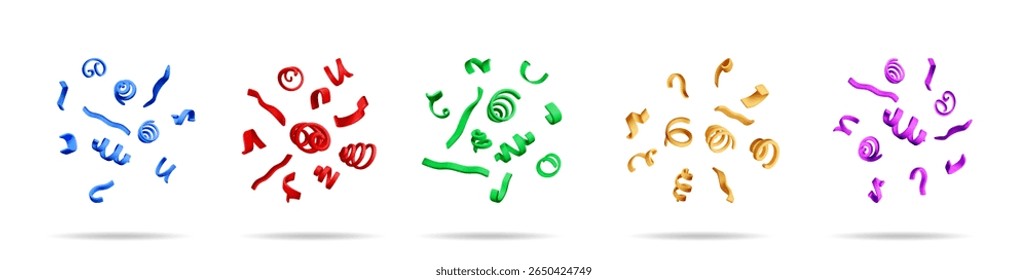 Colorful 3d vector stock set collection of falling confetti with shadow on white background for greeting card or party.
