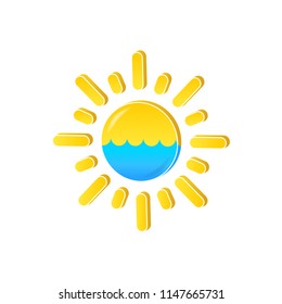 Colorful 3d vector summer icon isolated, combination of blue sea with waves and yellow sun. Symbol of summer holidays for invitations, banners, leaflets, cards, sign boards and web design. EPS 10