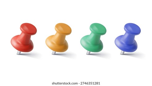 Colorful 3D vector with thumbtack push pin emoji icon set. Collection of cartoon style thumbtacks in multiple colors with shiny plastic heads and metal needle tips. Perfect for office supplies, school