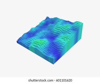 Colorful 3d voxel landscape. Heatmap surface made of rectangular blocks. Cubical model of futuristic game terrain. Hue data visualization. Modern abstract vector illustration. Element of design.