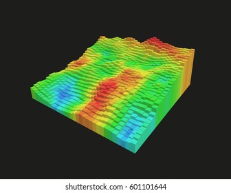 Colorful 3d voxel landscape. Heatmap surface made of rectangular blocks. Cubical model of futuristic game terrain. Hue data visualization. Modern abstract vector illustration. Element of design.