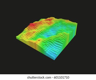 Colorful 3d voxel landscape. Heatmap surface made of rectangular blocks. Cubical model of futuristic game terrain. Hue data visualization. Modern abstract vector illustration. Element of design.