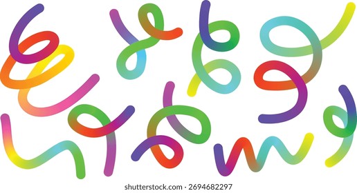 Padrão de linhas de gradiente de onda 3D coloridas Abstract Rainbow Ribbon Shapes e orgânico ondulado Doodles vetor