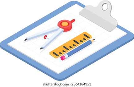 A colorful 3D-style vector illustration featuring a clipboard with a drawing compass, pencil, and ruler on a grid sheet. Ideal for design, engineering, architecture, education, or office-related proje