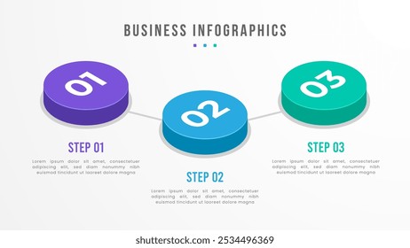 Um modelo colorido de infográfico circular de 3 etapas para processos de negócios ou gerenciamento de projetos. Inclui as etapas 1, 2 e 3 com espaço para texto, ideal para apresentações ou relatórios.