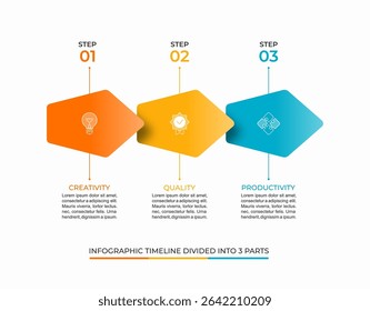 Colorful 3-step infographic timeline vector template. Clean and minimal layout ideal for presentations, reports, strategy planning, or corporate visuals. Fully editable and scalable.