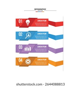 infographie d'entreprise colorée en 4 étapes, avec des icônes et des flèches en chevron. mise en page de la verticale pour le processus, le workflow, la chronologie, la présentation, le rapport ou le marketing. création d'Image vectorielle propre sur fond blanc.