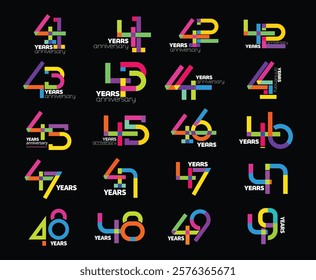 Colorful 41st-49th anniversary numbers set. 41-49 years old logotype. Colorful Number Bundle suit for anniversary logo or event.